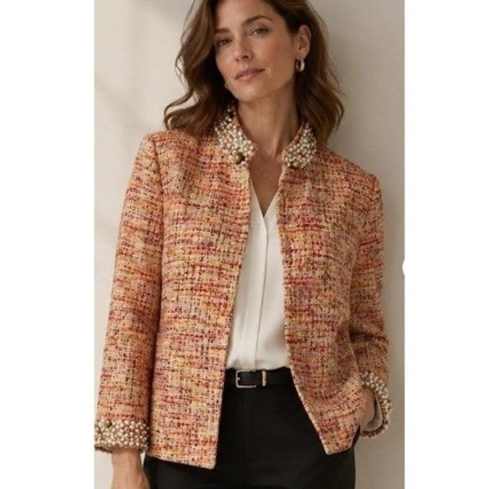 Chico's Tweed Embellished Blazer Jacket Womens 2x Pink Orange Pearl Trim Elegant